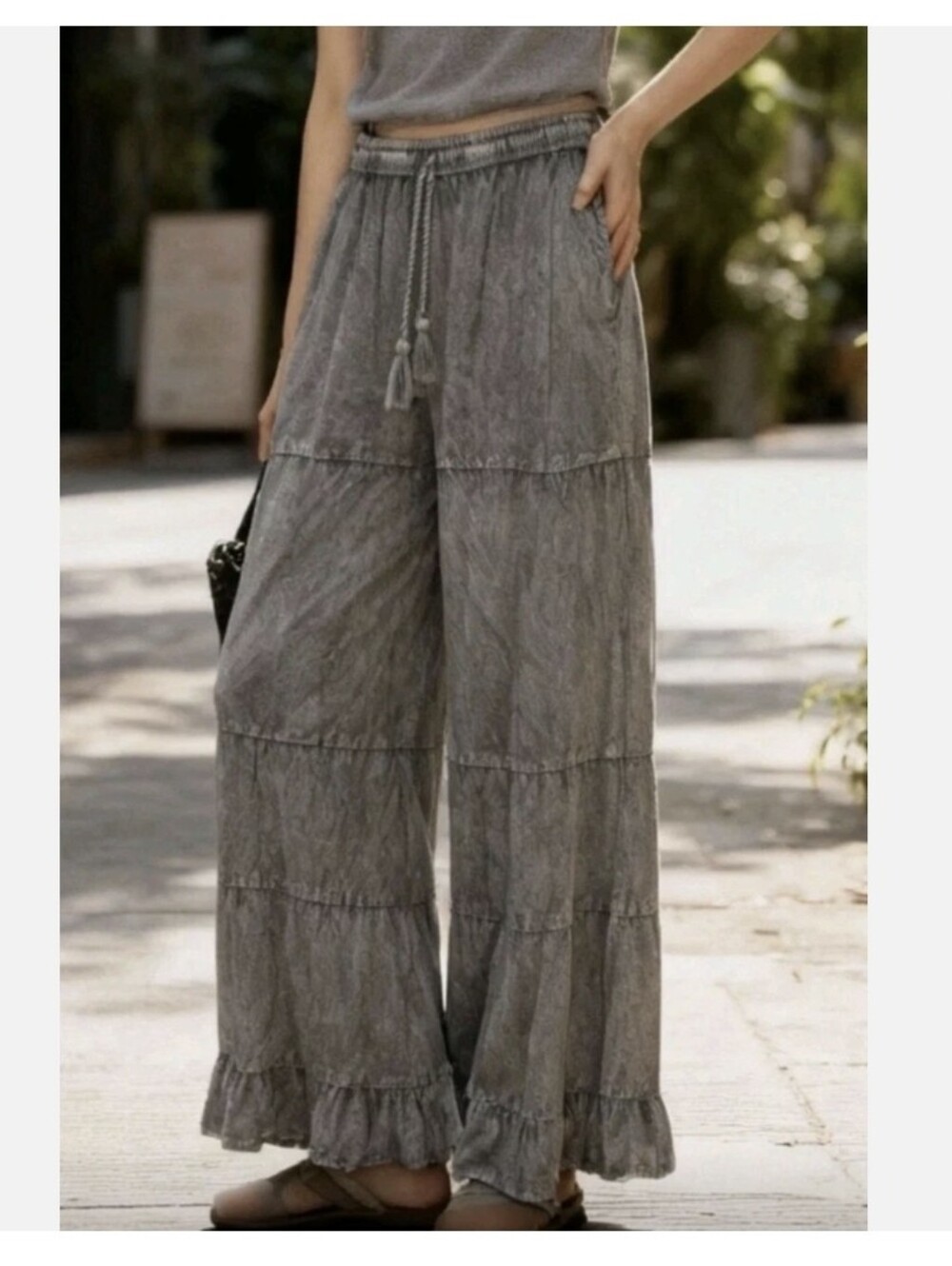 Cute Options Tiered Ruffle Hem Wide Leg Boho Pants Free Size
